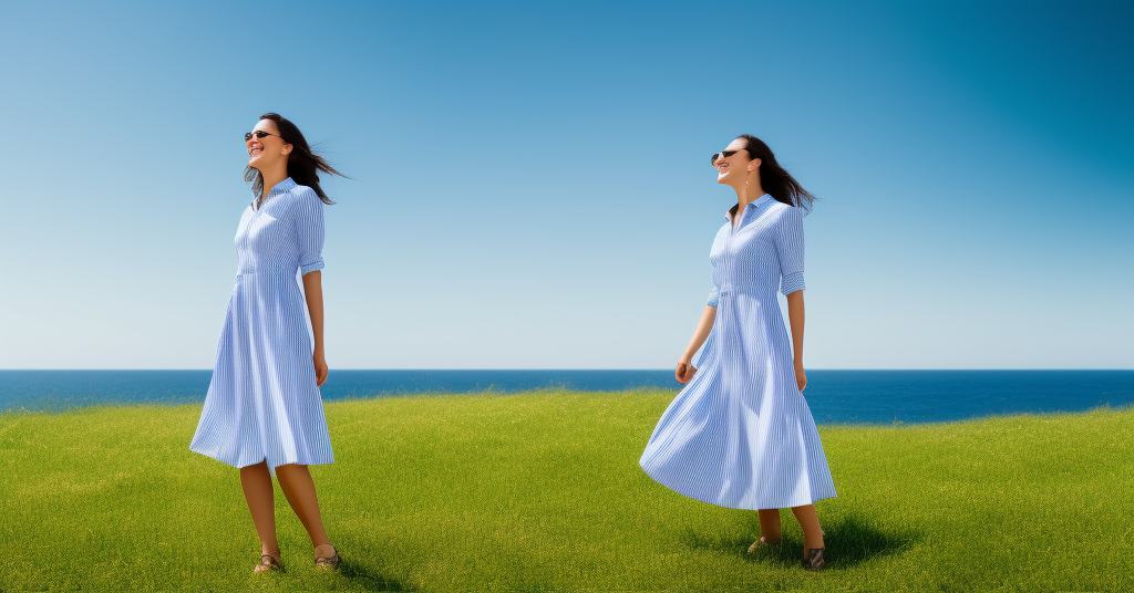 A smiling woman wearing a blue and white striped shirt, standing on a grassy hill overlooking the ocean, feeling content and peaceful, rendered in 3D with Blender.