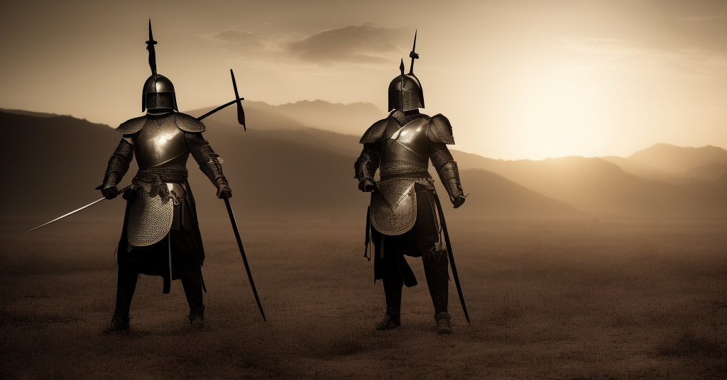 An ancient warrior wearing a shining steel armor stands in a barren wasteland, his face determined as he stares into an uncertain future. His sword glows with a divine light, and the shadows of the surrounding mountains are lengthened by the setting sun. The air is heavy with anticipation and hope, conveying the warrior's courage and strength in this moment of struggle. Capture this scene in a photograph using natural light, with dramatic shadows to emphasize the hero's determination and ambition.