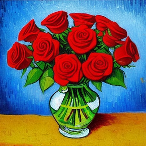 modelshoot style An oil painting a bunch of red roses in a vase, all of vase and bright red roses must be fully visible in the picture and centered, Vincent Van Gogh