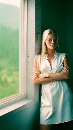 analog style analog style, best quality, gorgeous young Swiss girl standing by window with hut on, wearing white dress with translucent shirt over, soft lips, beach blonde hair, octane render, unreal engine, photograph, realistic skin texture, photorealistic, hyper realism, highly detailed, 85mm full body photography, award winning, hard rim lighting photography