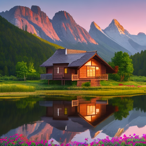  Wooden House in flowers near a Lake,Dawn, mauntains in the Background