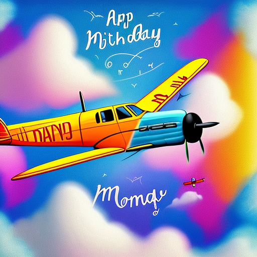  An artistic image of your mom flying in a vintage airplane, soaring through the clouds with a big smile on her face. The airplane is surrounded by colorful and dramatic clouds and has a banner trailing it with 'Happy Birthday Mom!' written in bold letters.