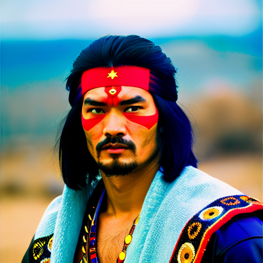  medium shot side profile portrait photo of the Takeshi Kaneshiro warrior chief, tribal panther make up, blue on red, looking away, serious eyes, 50mm portrait, photography, hard rim lighting photography –ar 2:3 –beta –upbeta