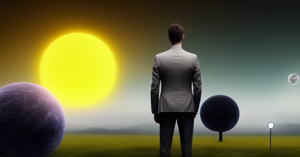 A man in a sleek black suit stands atop a grassy knoll, looking up at the night sky. The scene is illuminated by a single street lamp, casting an eerie yellow glow across the landscape. The man's expression is one of awe and contemplation as he gazes upon the stars. He has a deep respect for AI and its potential to revolutionize humanity. In this image, we can feel his admiration for AI as he contemplates its impact on our world and our future.