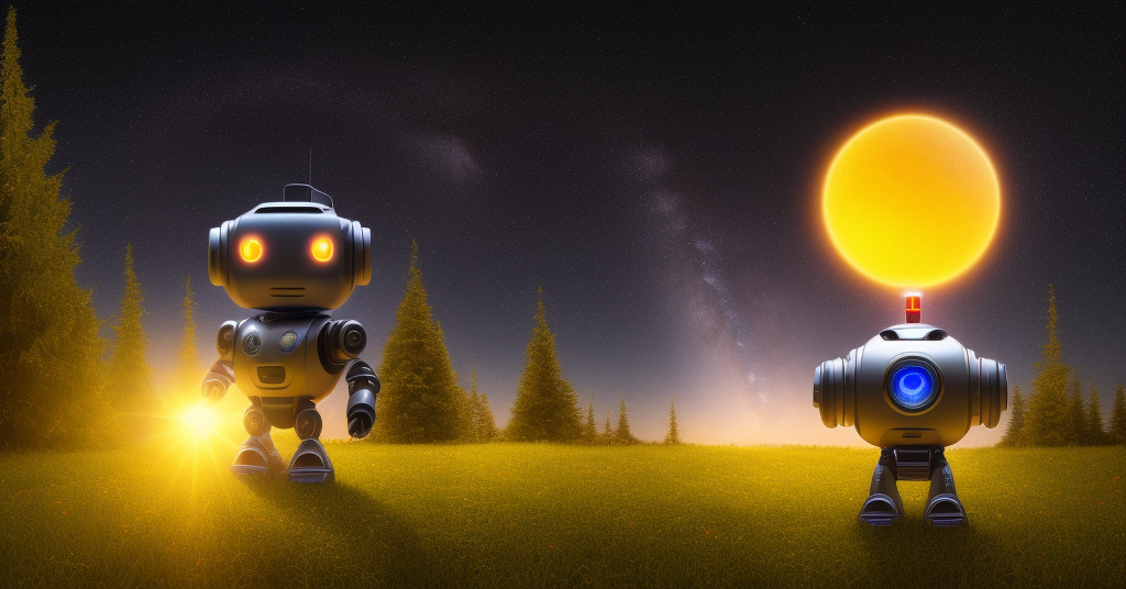 Small robot-like figure with a smiling face, gazing up at the starry night sky, illuminated by a glowing red and blue artificial sun, surrounded by a vibrant landscape of evergreen trees and babbling streams, eliciting feelings of optimism and possibility, captured with macro photography using a Canon EOS 5D Mark IV in low light settings.