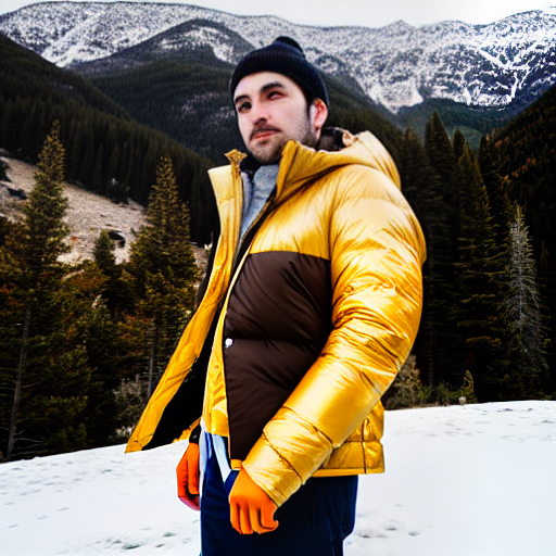  Man in golden shiny puffer jacket standing alone in the snow with mountains in the distance
