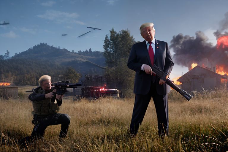 redshift style Donald Trump in a shooting position with a M16A1, burning village in the background DSLR photography, sharp focus, Unreal Engine 5, Octane Render, Redshift, ((cinematic lighting)), f/1.4, ISO 200, 1/160s, 8K, RAW, unedited, symmetrical balance, in-frame
