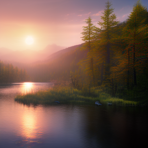 redshift style spring vally with lake,sunset, UFO in the sky, very detailed, very sharp, fotorealistic
