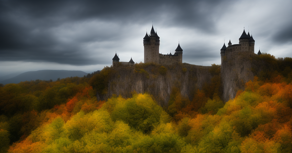 Dark, majestic castle standing proud against a backdrop of stormy clouds, grand pillars towering over the cobbled courtyard, flagstones reflecting the muted light from flickering torches, subtle mist rolling in from the surrounding woods, sense of power and strength emanating from within. Realize this scene through photography using a wide-angle lens and long exposure technique to capture the vivid colors and mood.