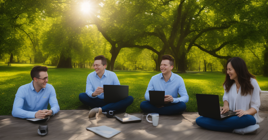 Group of millennials, relaxed and enjoying their time together, video chatting on laptops in a green park surrounded by leafy trees, sun shining through the clouds creating a warm glow, laughter and conversation filling the air with joy. Capture this moment with slow-motion photography using a Canon EOS R5 mirrorless camera at 1/60s shutter speed, f/2.8 aperture and ISO 400. Capture details of each laptop screen displaying conversations between friends. Utilize natural sunlight to create a vibrant atmosphere that makes viewers feel part of the scene.