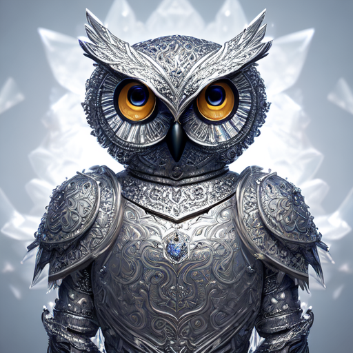  Full hight portrait of a white crystal owl warrier in iron armor with intricate ornament engravings, intricate, elegant, highly detailed, ray tracing, unreal 5 render, digital painting, artstation, concept art, smooth, sharp focus, illustration, fill frame, 8k, v2, floating holographic musiс, splash of color