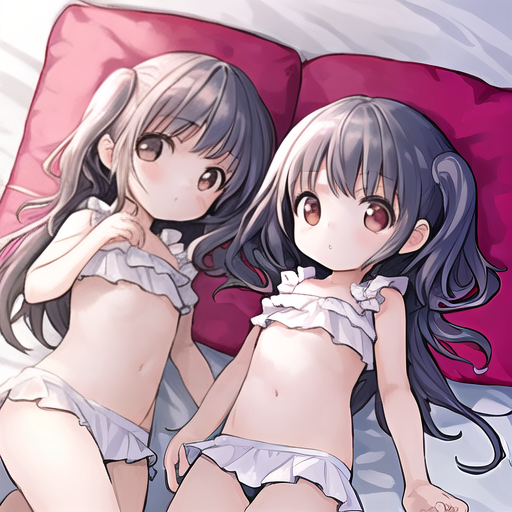  Two little girls of seals on the bed body gooe. Without everything