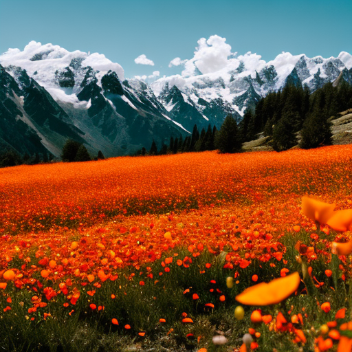 analog style field of orange poppy flowers with snowy mountains in background DSLR photography, sharp focus, Unreal Engine 5, Octane Render, Redshift, ((cinematic lighting)), f/1.4, ISO 200, 1/160s, 8K, RAW, unedited, symmetrical balance, in-frame