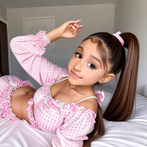  photorealistic Ariana Grande wearing frilly pajamas, pigtails, legs spread wide open