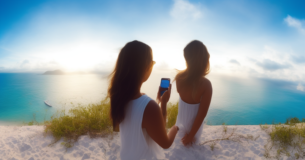 A young woman, sun-kissed and smiling, stands atop a tall hill, overlooking the vast expanse of a tropical beachscape. The air is warm and humid but she feels calm and content in the presence of nature. In her right hand she holds her phone up to capture an image that will be shared on Instagram - one that conveys the beauty of both this special moment and the world around her. Detailed descriptions about the scene include: vibrant colors of blue sky, turquoise ocean water, white sand beaches with palm trees swaying in the breeze; a light mist rolling off faraway hills; bright sunlight reflecting off distant waves; seagulls soaring overhead. Mood/feelings conveyed are peacefulness, joyfulness, contentment and appreciation for nature's wonders. The output should be realized photographically using macro technique for close-up details as well as wide angle shots to capture expansive views with settings such as f/16 aperture (for sharpness), 1/125 shutter speed (to freeze motion) and ISO 200 (for low noise).