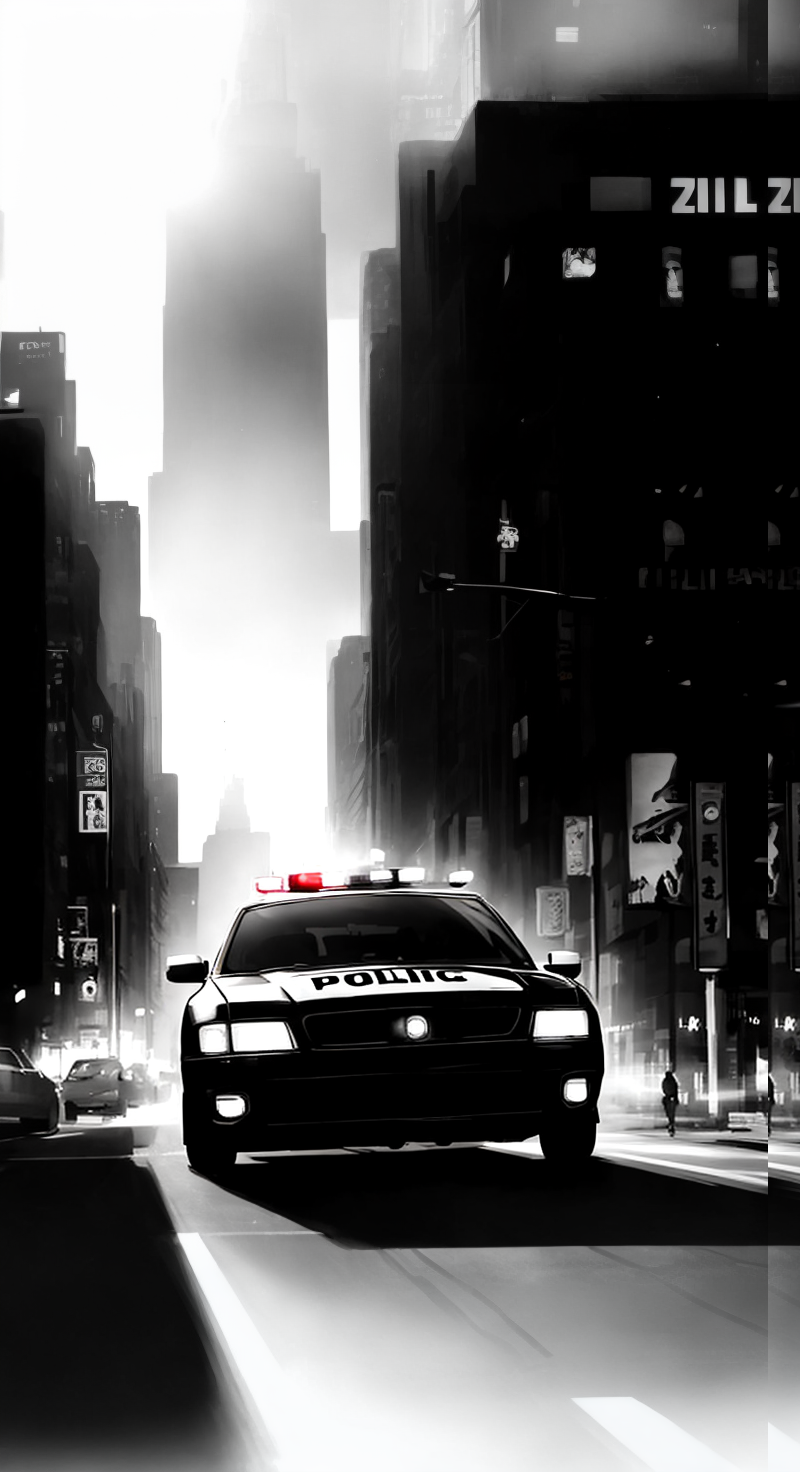  police car::1, street::1, people walking::1.1, skyscrs::1, black and white::1,yellow::0.5, cinematic lights::1, sun rays from the top left corner::1, perfect ratio::1, by artist ji Shinkawa::0.9, by artist Frank Miller::0.5