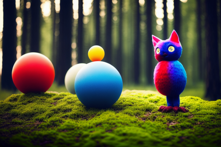 modelshoot style A strange creature that juggles red yellow and blue balls in a dreamlike forest, bright day, Colorful, detailed, high-quality execution, style Alexander Jansson DSLR photography, sharp focus, Unreal Engine 5, Octane Render, Redshift, ((cinematic lighting)), f/1.4, ISO 200, 1/160s, 8K, RAW, unedited, symmetrical balance, in-frame