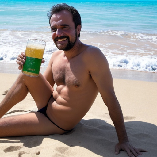  Um homem Na praia com um copo de cerveja
