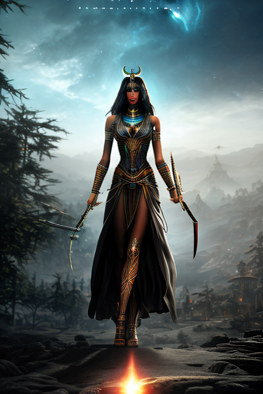 redshift style Tall and slender, with bronze skin, gorgeous goddess, 18 years old, raven tresses and dark glowing eyes. Legs and arms decorated with spiral tattoos. Ancient Egypt, ultra detailed portrait, full body with perfect face, cell shading, ((art by Carne Griffiths and greg rutkowski )), sharp focus, soul, detailed and intricate environment, centered, production cinematic character render, god rays, ultra high quality model, black hole effect, starry sky DSLR photography, sharp focus, Unreal Engine 5, Octane Render, Redshift, ((cinematic lighting)), f/1.4, ISO 200, 1/160s, 8K, RAW, unedited, symmetrical balance, in-frame