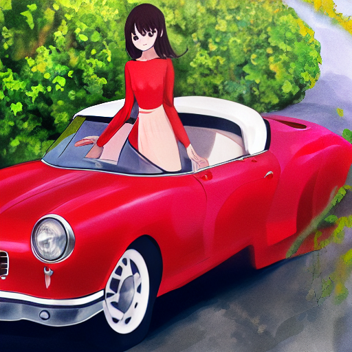  Girl in a red dress near the car