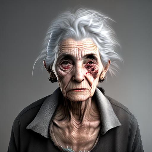 estilovintedois old woman 30 years old, drugged style, gray hair, wound on the face, dirty dress, torn dress