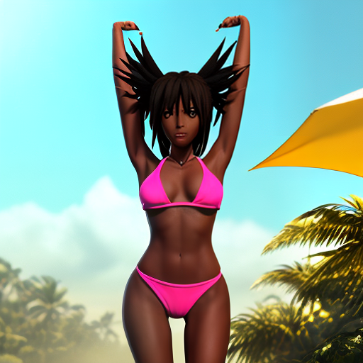 redshift style animation of yoruichi from bleach anime, wearing two pieces yellow bikini, wet, beach,perfect feminine face, night photography, attractive, 4k, 3D render, full-body, 1girl, summer, black light, yellow, dof --ar 16:9 --stylize 400 --chaos 20 --v 4 --style 4c