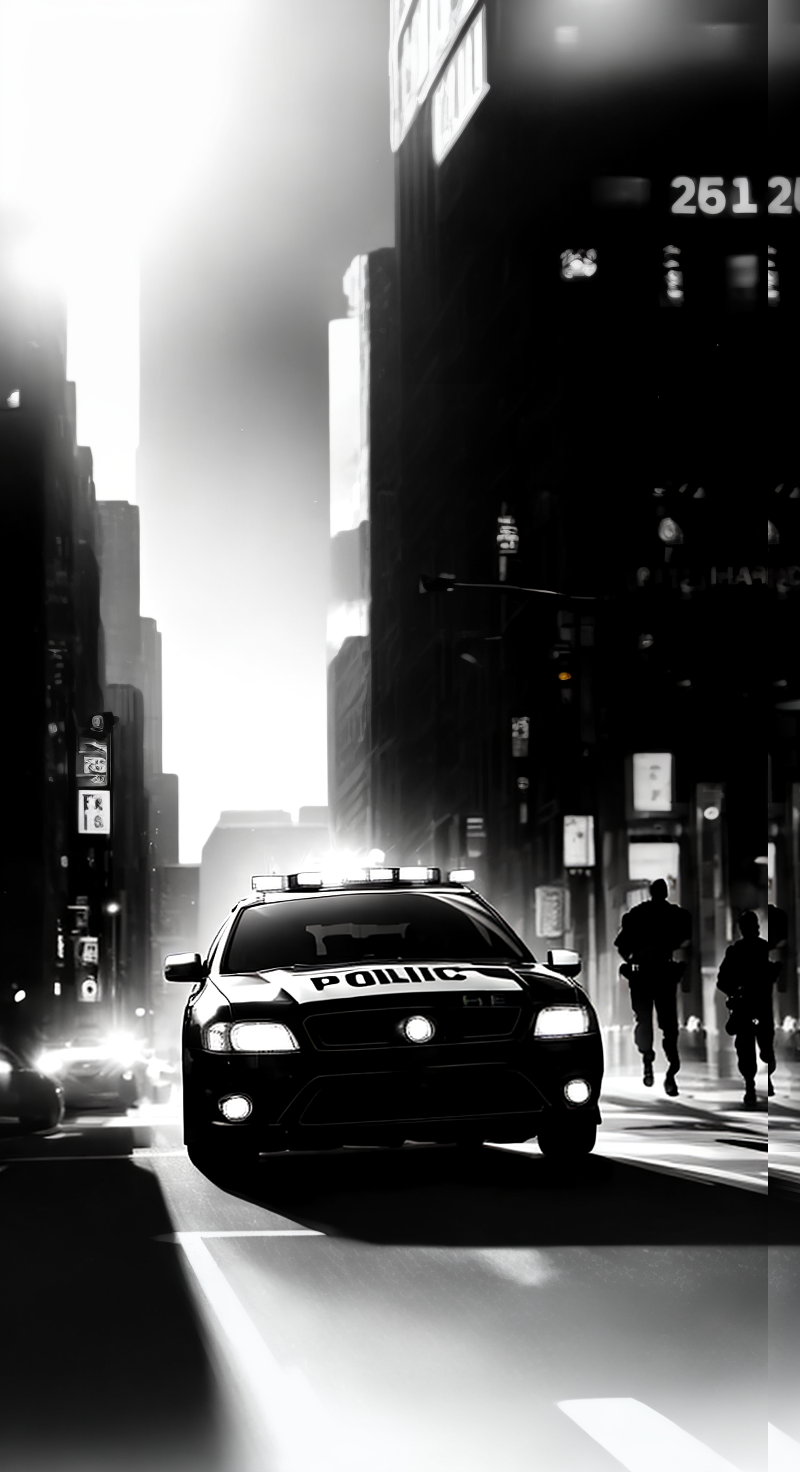  police car::1, street::1, people walking::1, skyscrs::1, black and white::1,gold::0.3, cinematic lights::1, sun rays from the top left corner::1, ideal ratio::1, by artist ji Shinkawa::0.8