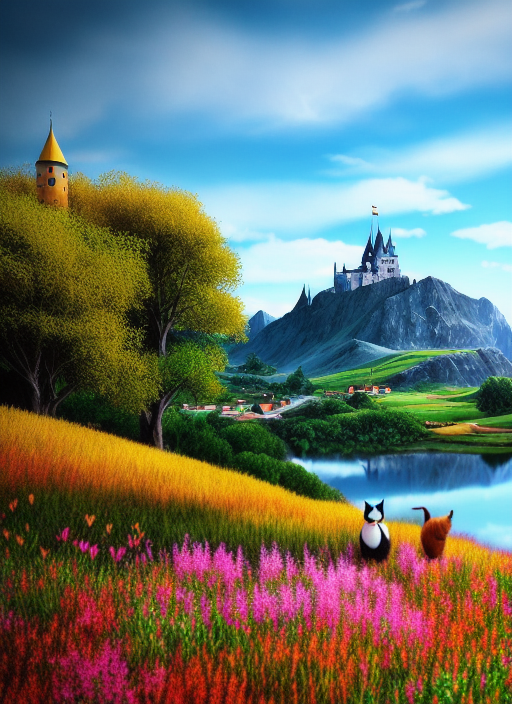 modelshoot style Cute little creatures are walking in nature, in the distance there are colorful mountains and a castle, bright day, magical and dreamlike atmosphere, oil painting illustration, colorful, detailed, high-quality execution, style Alexander Jansson DSLR photography, sharp focus, Unreal Engine 5, Octane Render, Redshift, ((cinematic lighting)), f/1.4, ISO 200, 1/160s, 8K, RAW, unedited, symmetrical balance, in-frame