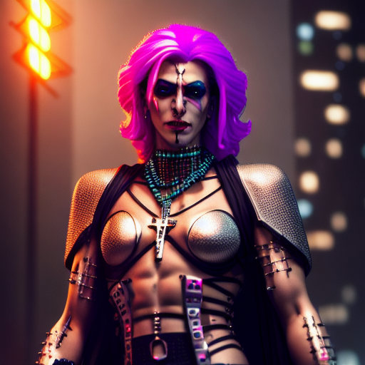 modelshoot style Drag queen Middle Eastern Jesus on the cross, crucified,cyberpunk, cyberpsycho, photorealistic, ultra detailed, harsh neon lights, octane, bokeh, cyber, cyberpunk city, feature, 8k, mid shot