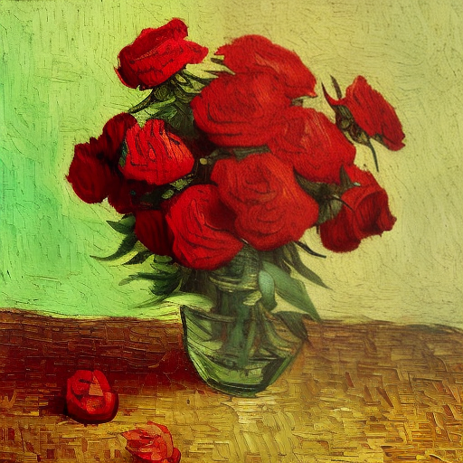 redshift style An oil painting a bunch of red roses in a vase sitting on a table, all of vase and roses must be visible in the picture, Vincent Van Gogh