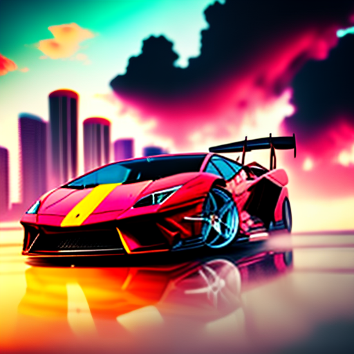 estilovintedois hybrid of mix  ferarri and lamborghini supercar drifting on highway with backdrop of the city of miami, very detailed, 8K, photorealistic style, need for speed art style, colorful,  closeup, intricate, elegant, highly detailed, digital painting, artstation, concept art, matte, sharp focus, illustration, sunset, helicopter in the sky, vibrant red sunset, smoke emitting from tires