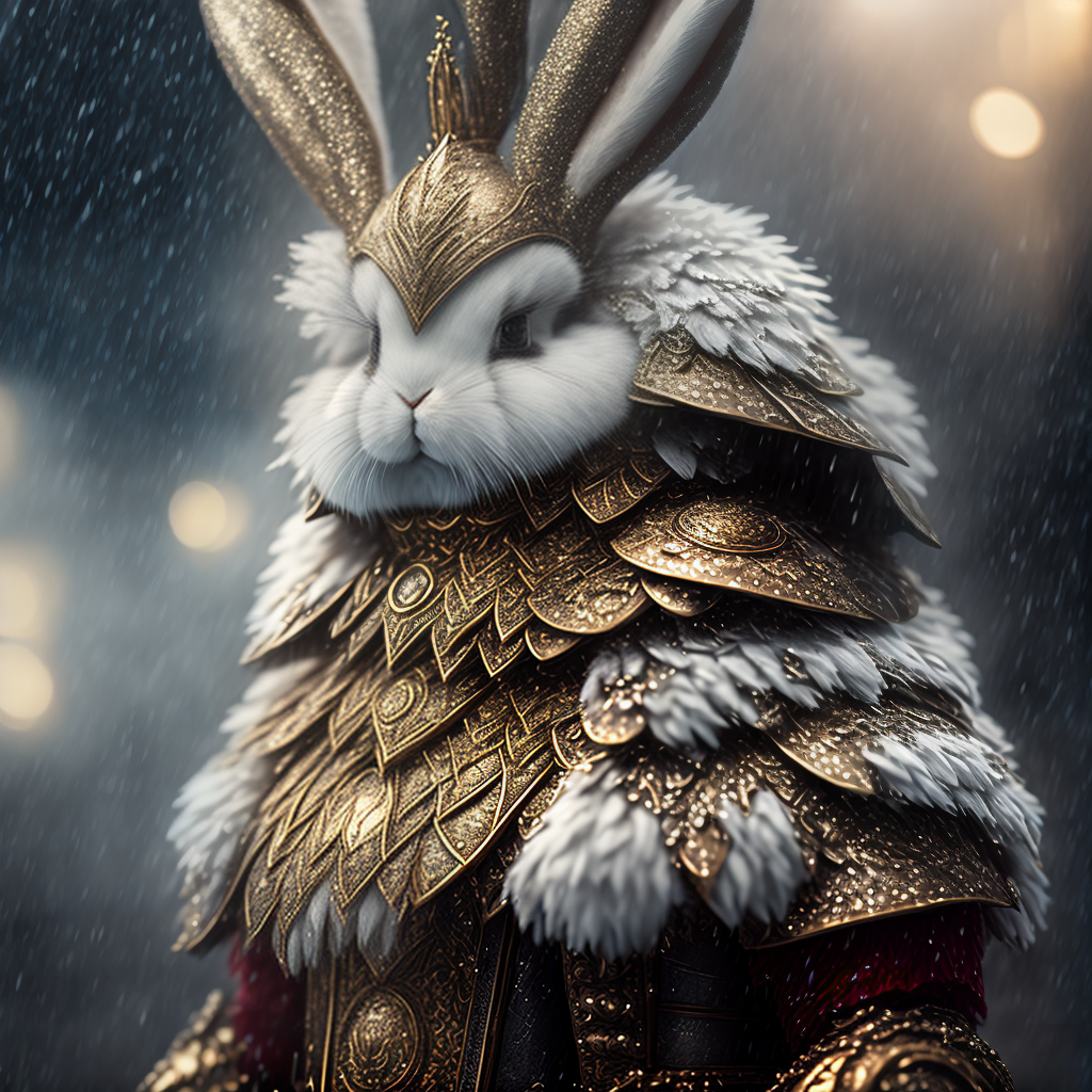 estilovintedois bunny, high ornamented light armor, fluffy fur, foggy, wet, stormy, 70mm, cinematic, highly detailed