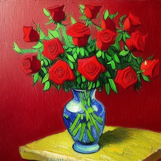 modelshoot style An oil painting a bunch of red roses in a vase sitting on a table, all of vase and bright red roses must be fully visible in the picture, Vincent Van Gogh