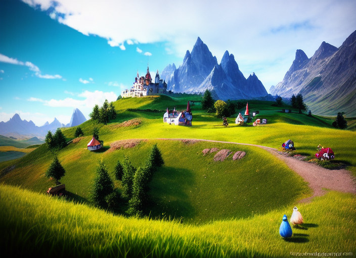 modelshoot style Cute little creatures are walking in nature, in the distance there are colorful mountains and a castle, bright day, magical and dreamlike atmosphere, oil painting illustration, colorful, detailed, high-quality execution, style Alexander Jansson DSLR photography, sharp focus, Unreal Engine 5, Octane Render, Redshift, ((cinematic lighting)), f/1.4, ISO 200, 1/160s, 8K, RAW, unedited, symmetrical balance, in-frame
