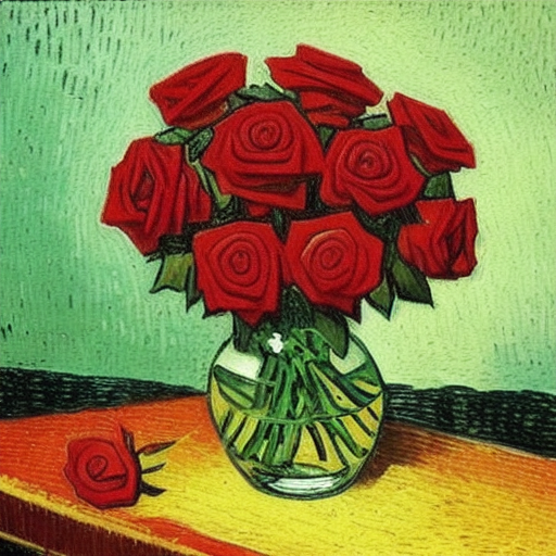 modelshoot style An oil painting a bunch of red roses in a vase sitting on a table, all of vase and roses must be visible in the picture, Vincent Van Gogh