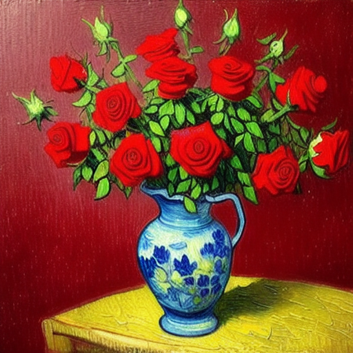 modelshoot style An oil painting a bunch of red roses in a vase sitting on a table, all of vase and roses must be visible in the picture, Vincent Van Gogh