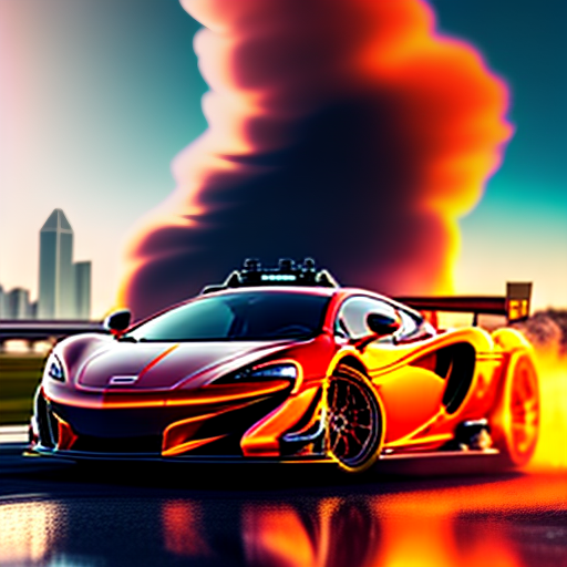 estilovintedois photograph of  mclaren  supercar racing/drifting on highway with backdrop of the city of miami, very detailed, 8K, photorealistic style, need for speed art style, colorful,  closeup, intricate, elegant, highly detailed, digital painting, artstation, concept art, matte, sharp focus, illustration, sunset, helicopter in the sky, vibrant red sunset, smoke emitting from tires, tire burnout, photorealistic, vivid, sharp focus, reflection, refraction, sunrays, very detailed, intricate, intense cinematic composition