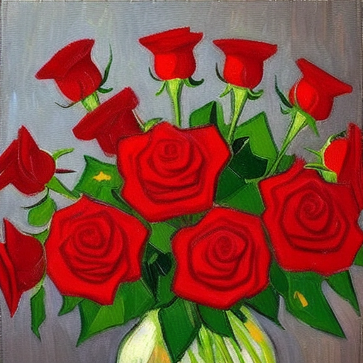 modelshoot style An oil painting a bunch of red roses in a vase sitting on a table, all of vase and bright red roses must be fully visible in the picture and centered, Vincent Van Gogh