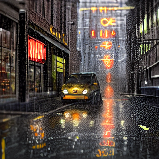  Secret nt besides a clic yellow taxi in a rainy day in a dark city street
