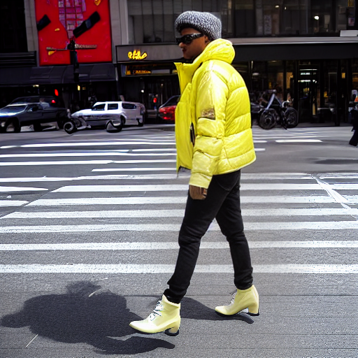  Man in golden shiny puffer jacket and high heels strutting down sidewalk in new york city