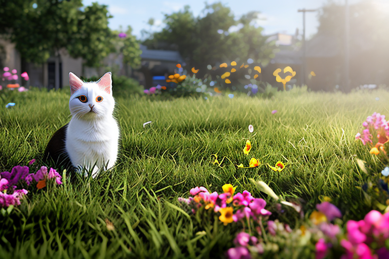redshift style cats sitting outside on a sunny day playing in the flowers with a butterfly, very realistic, high definition, 8k DSLR photography, sharp focus, Unreal Engine 5, Octane Render, Redshift, ((cinematic lighting)), f/1.4, ISO 200, 1/160s, 8K, RAW, unedited, symmetrical balance, in-frame
