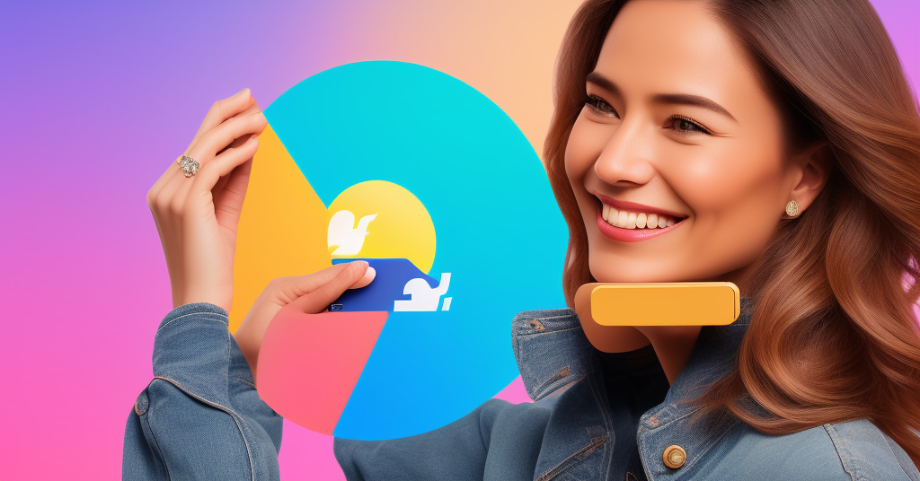 A smiling woman holding a smartphone, displaying the Facebook logo, surrounded by a vibrant and colorful tech landscape, conveying a feeling of excitement and joy. Photography with DSLR camera, wide angle lens, F11 aperture settings for sharpness and good depth of field. Natural lighting conditions (no additional lights).