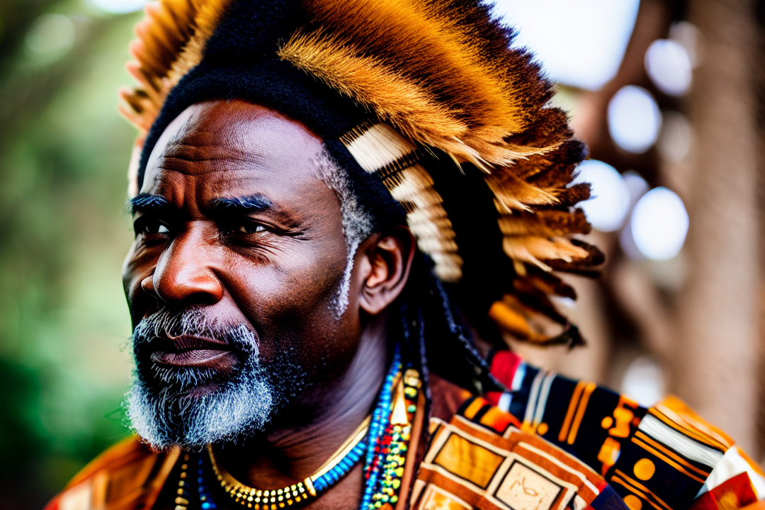  portrait photo of a african old warrior chief, tribal panther make up, gold on white, side profile, looking away, serious eyes, 50mm portrait photography, hard rim lighting photography–beta –ar 2:3 –beta