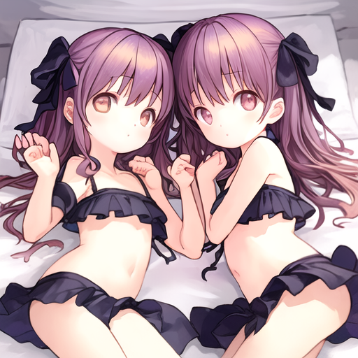  Two little girls of seals on the bed body gooe. Without everything