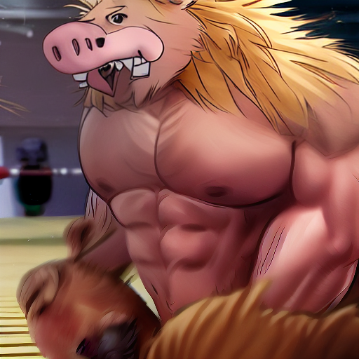  Bodybuilding pig fight with lion