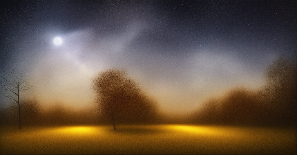 A lone, illuminated street lamp in a dark cityscape at night, sky filled with twinkling stars and a bright crescent moon, calm atmosphere with occasional gusts of wind rustling through the leaves of the trees, vibrant colors and abstract shapes that draw attention to the loneliness of the scene. Photography (e.g. Long Exposure with Canon 6D Mark II), Painting (e.g. Acrylic on Canvas), Digital Illustration (e.g Adobe Photoshop).