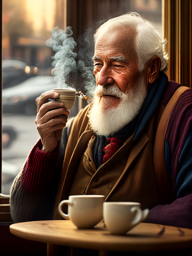 estilovintedois old man drinking coffee and smoking a pipe in a cafe, fantasy, cozy, warm atmosphere