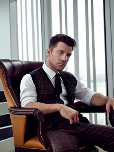  a man in a white shirt and a plaid vest sits on a leather chair in the office