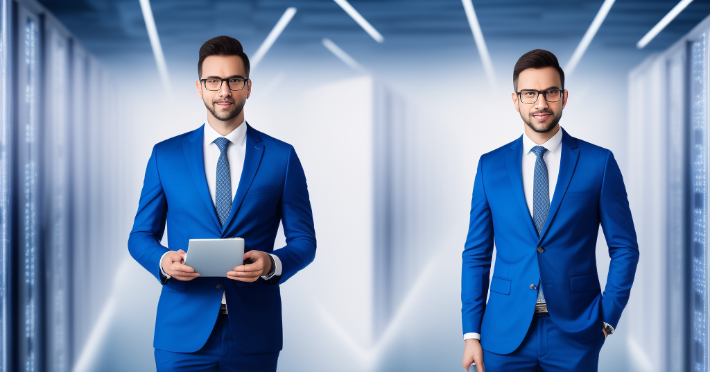 Energetic, confident young professional wearing a blue suit and glasses, standing in a modern computer server room with abundant technology, with an optimistic expression as they look out into the future of digital job opportunities. Utilize macro photography combined with a shallow depth of field to create an image that conveys hope and progress.