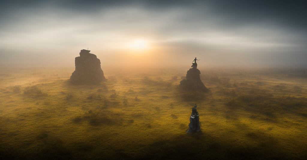 A majestic yet mysterious figure stands atop a pile of fallen swords, surrounded by a thick fog and illuminated by an eerie moonlight. Their gaze is focused on the horizon, their body imbued with strength and power. The scene is engulfed in a sense of awe and reverence, evoking feelings of grandeur and purpose. To capture this image, the prompt should be realized through high-resolution photography using either a Nikon D850 or Canon 5D Mark IV camera at f/2.8, 1/125s exposure time with ISO 200 for optimal results.